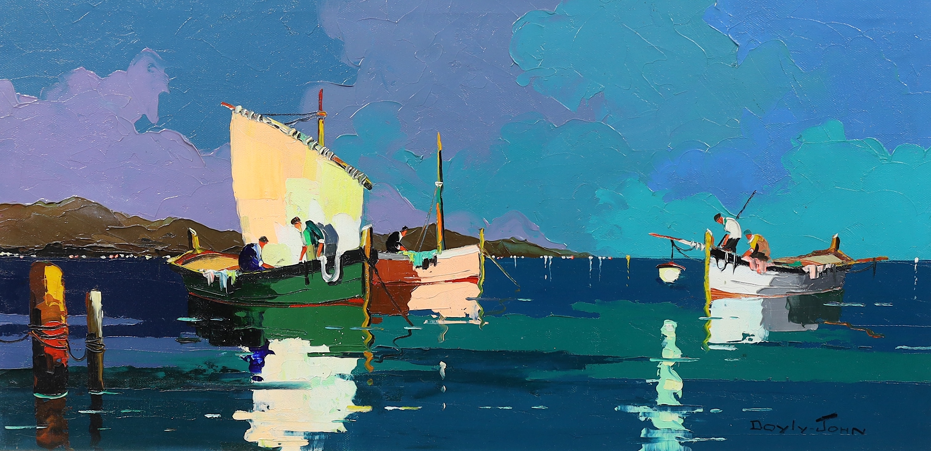 Cecil Rochfort D’Oyly John (English, 1906-1993), 'Night fishermen off French coast at Cap d'Antibes, near Nice', oil on canvas, 35 x 70cm
